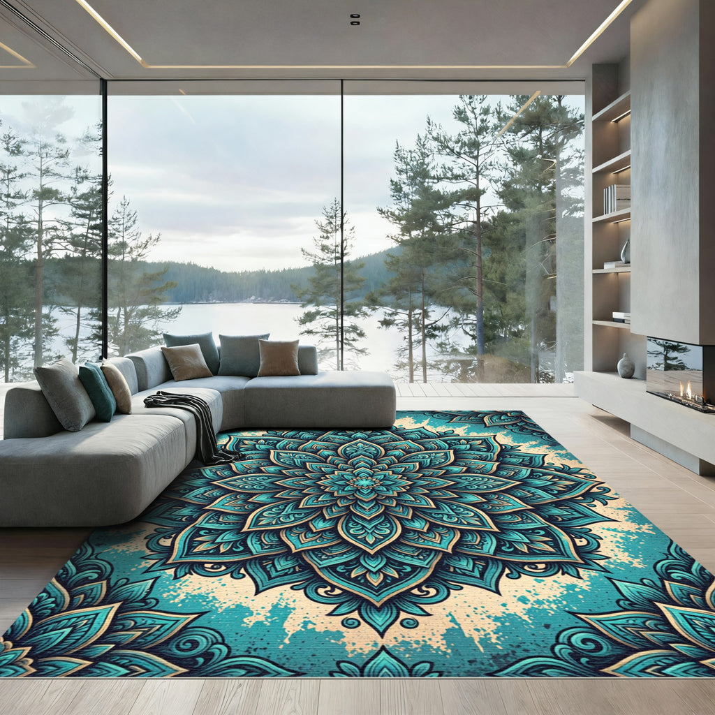 Teal Floral Mandala Botanical Ornament Rug