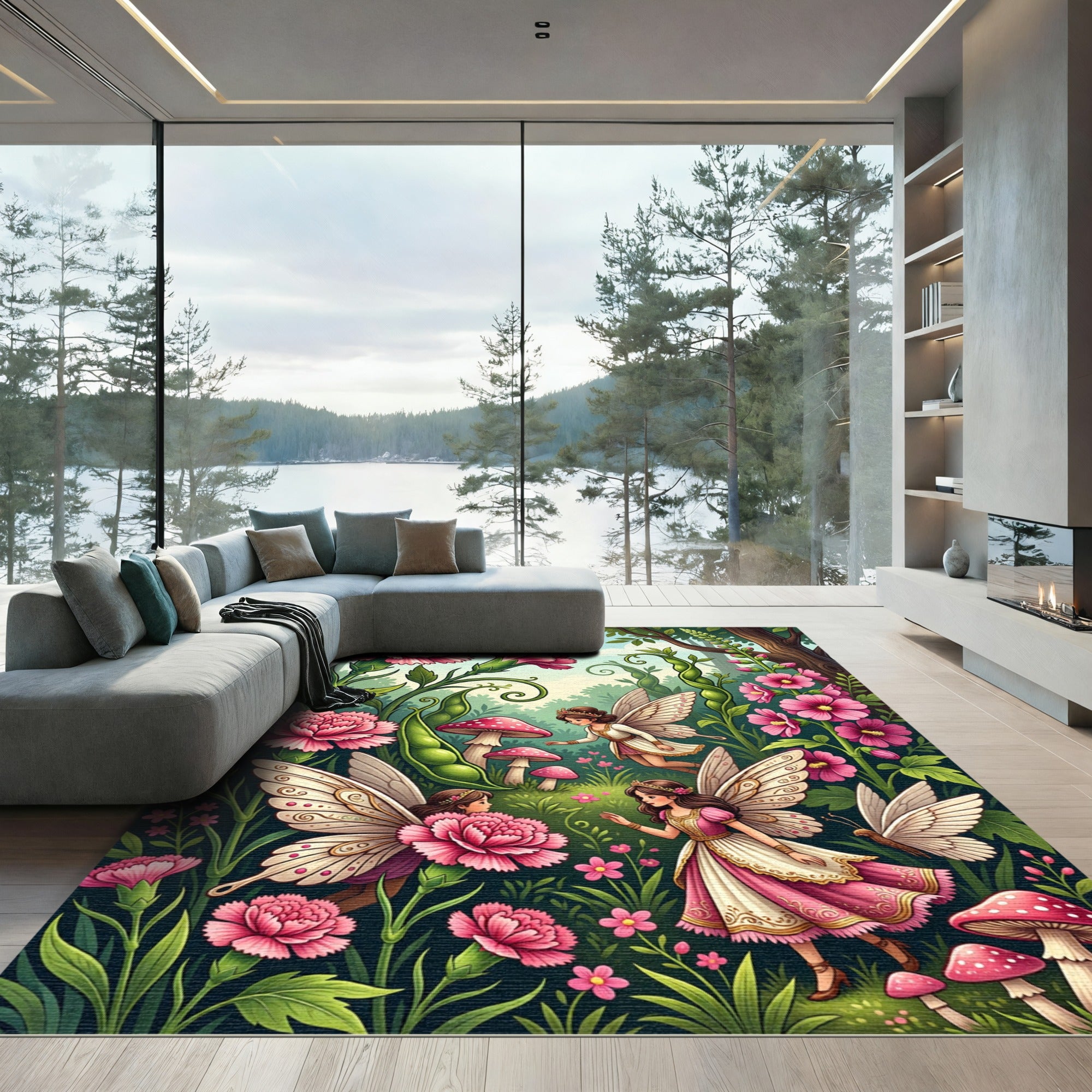 Whimsical Pink Fairy Garden Meadow Rug