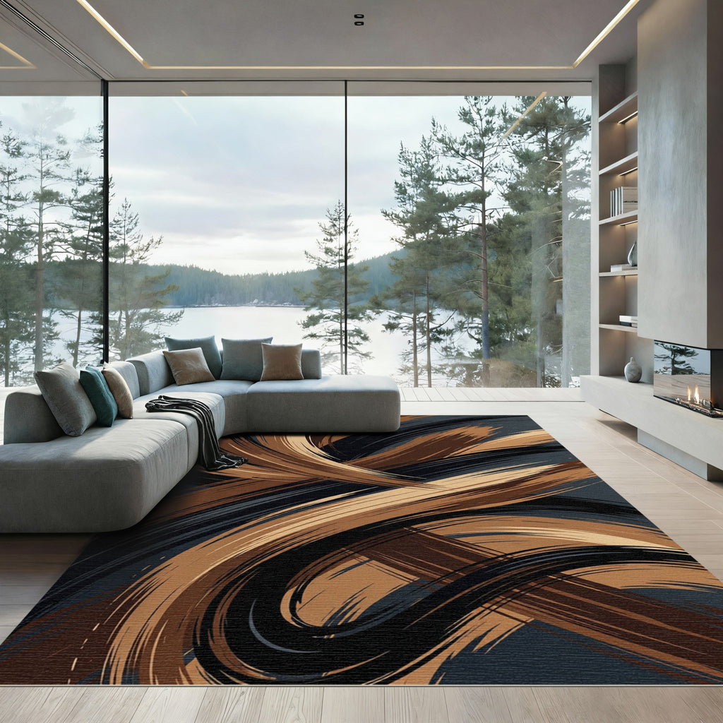 Modern Abstract Swirl Copper Black Rug