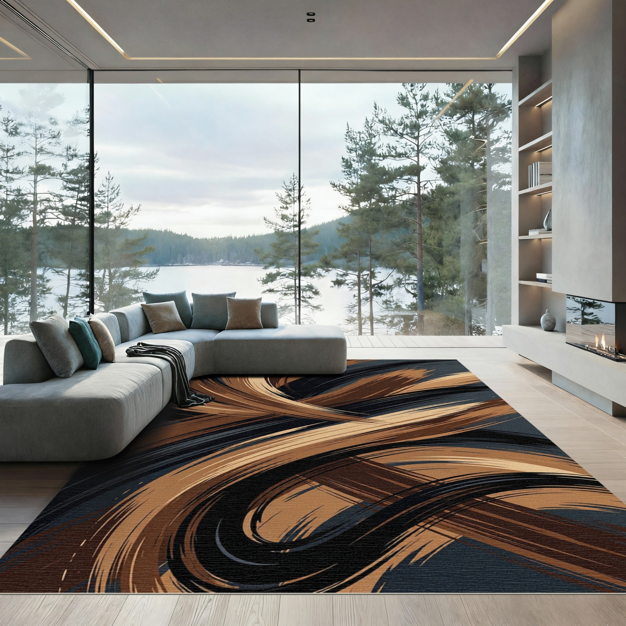 Modern Abstract Swirl Copper Black Rug