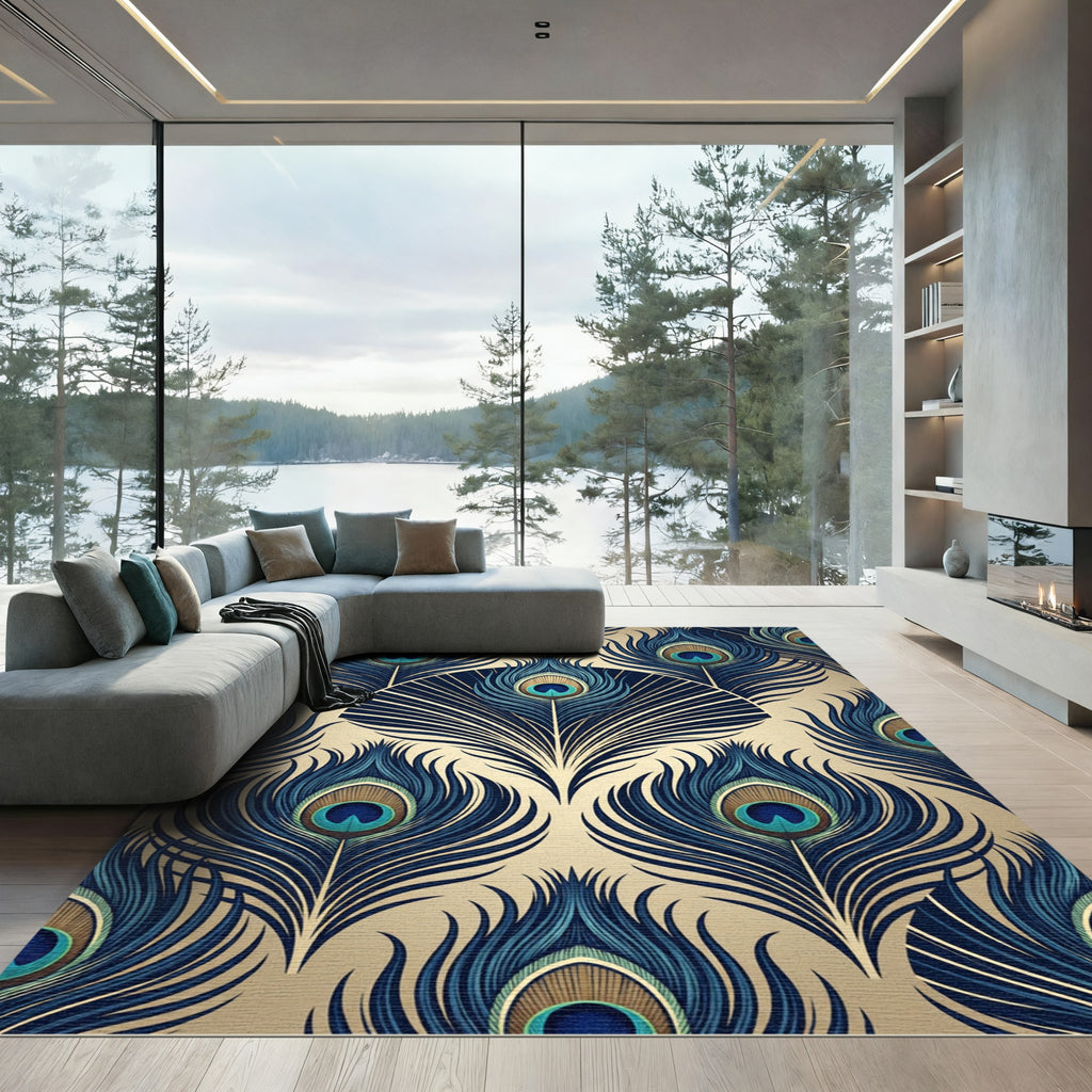 Art Deco Peacock Feather Gold Blue Rug