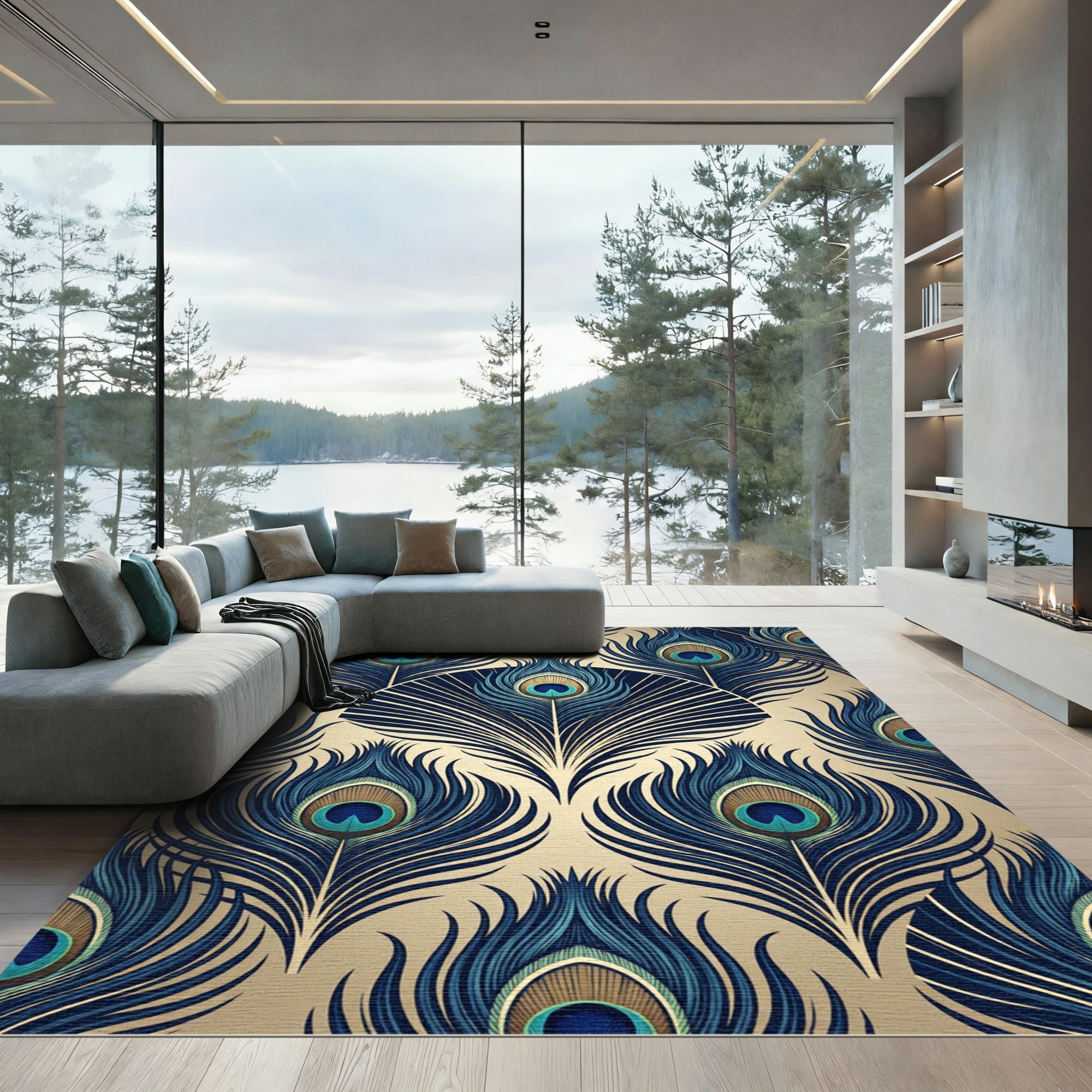 Art Deco Peacock Feather Gold Blue Rug