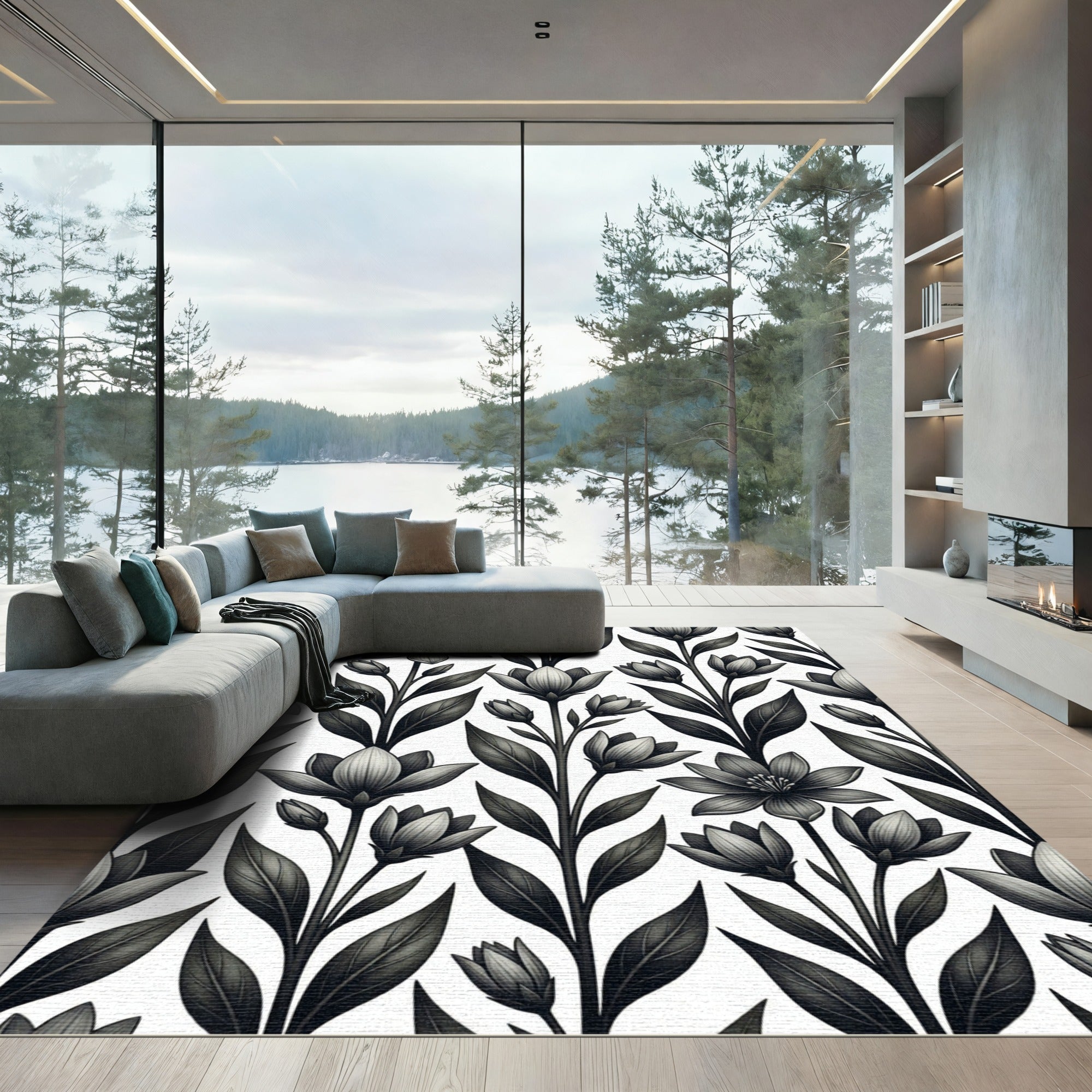 Monochromatic Botanical Floral Grey Rug