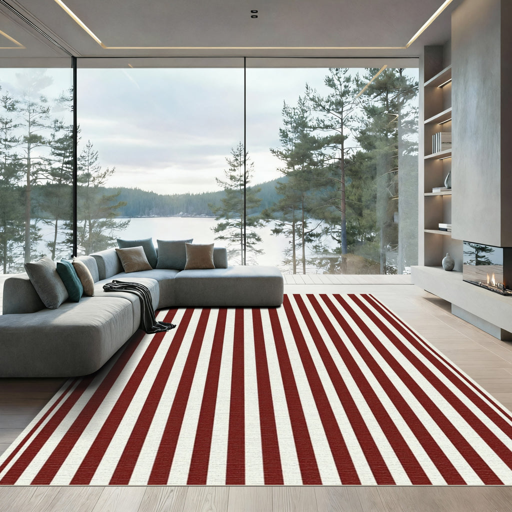 Bold Crimson White Vertical Stripes Rug