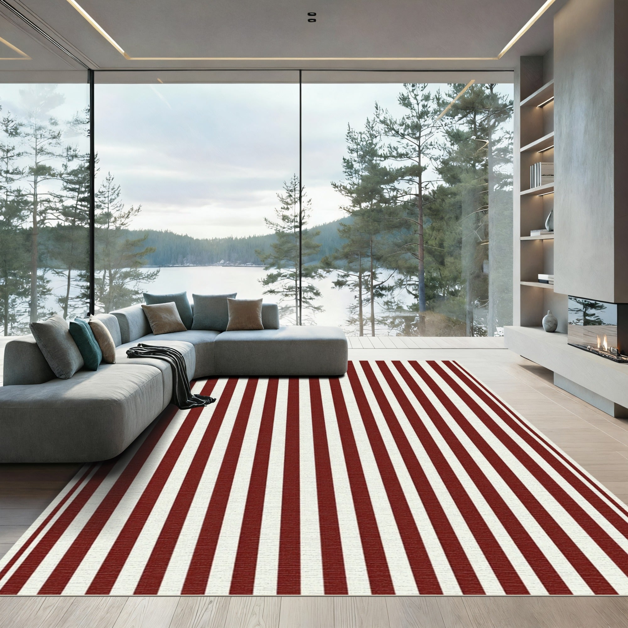 Bold Crimson White Vertical Stripes Rug