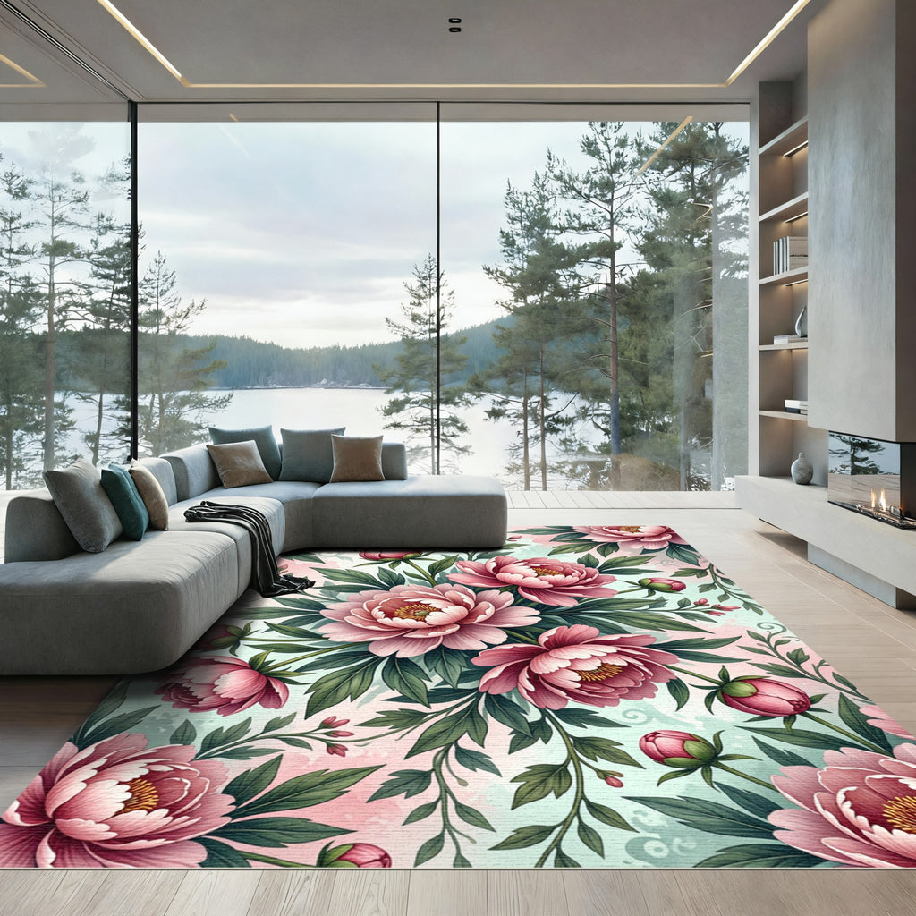 Elegant Blush Peony Botanical Floral Art Rug