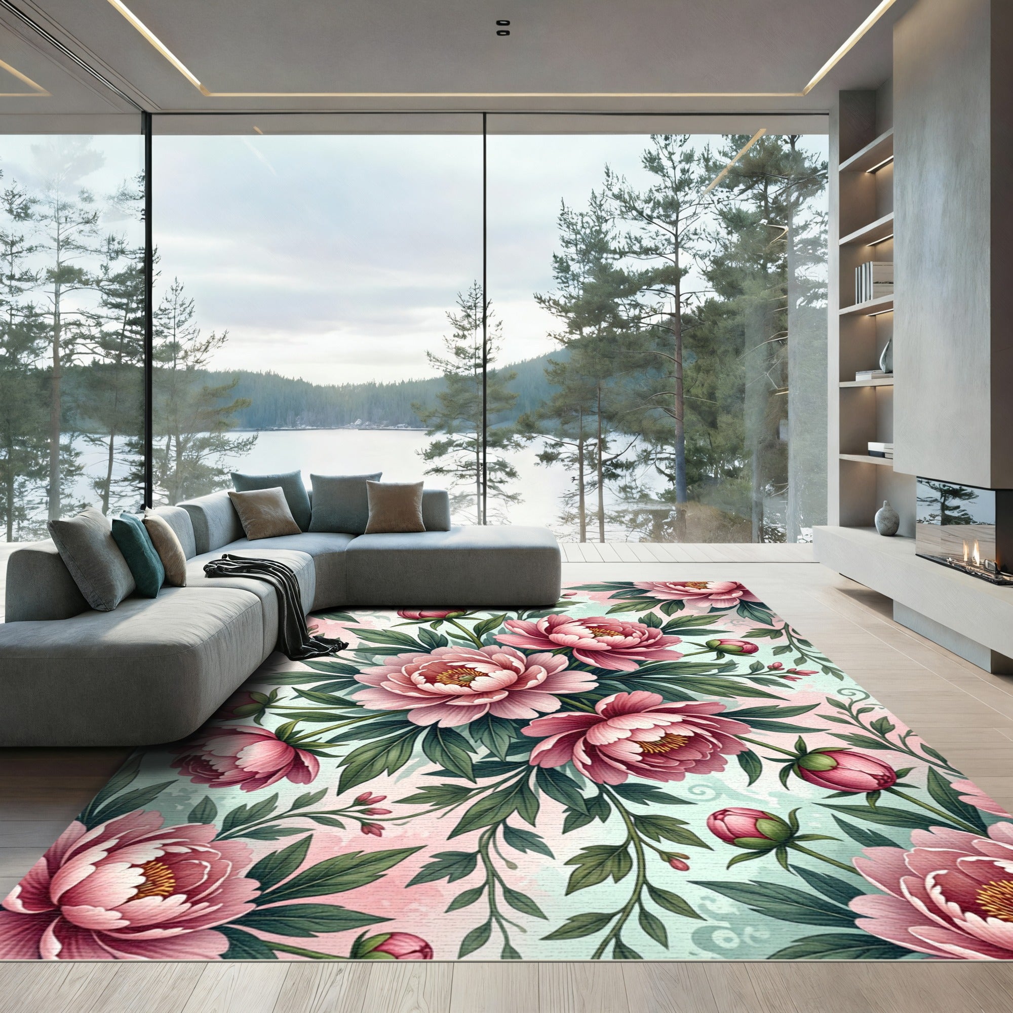 Elegant Blush Peony Botanical Floral Art Rug