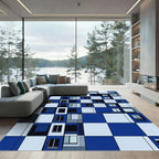 Modern Blue White Geometric Grid Rug