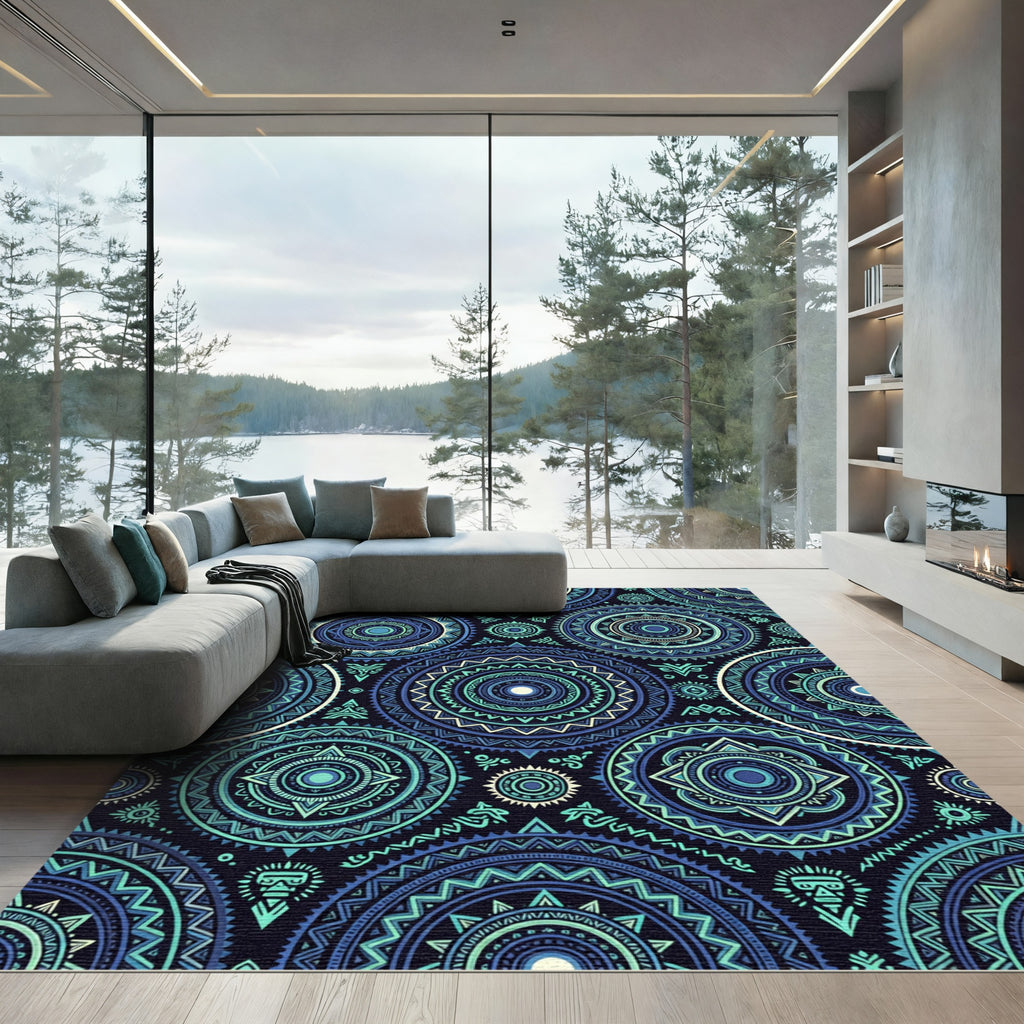 Tribal Navy and Teal Mandala Circles Rug