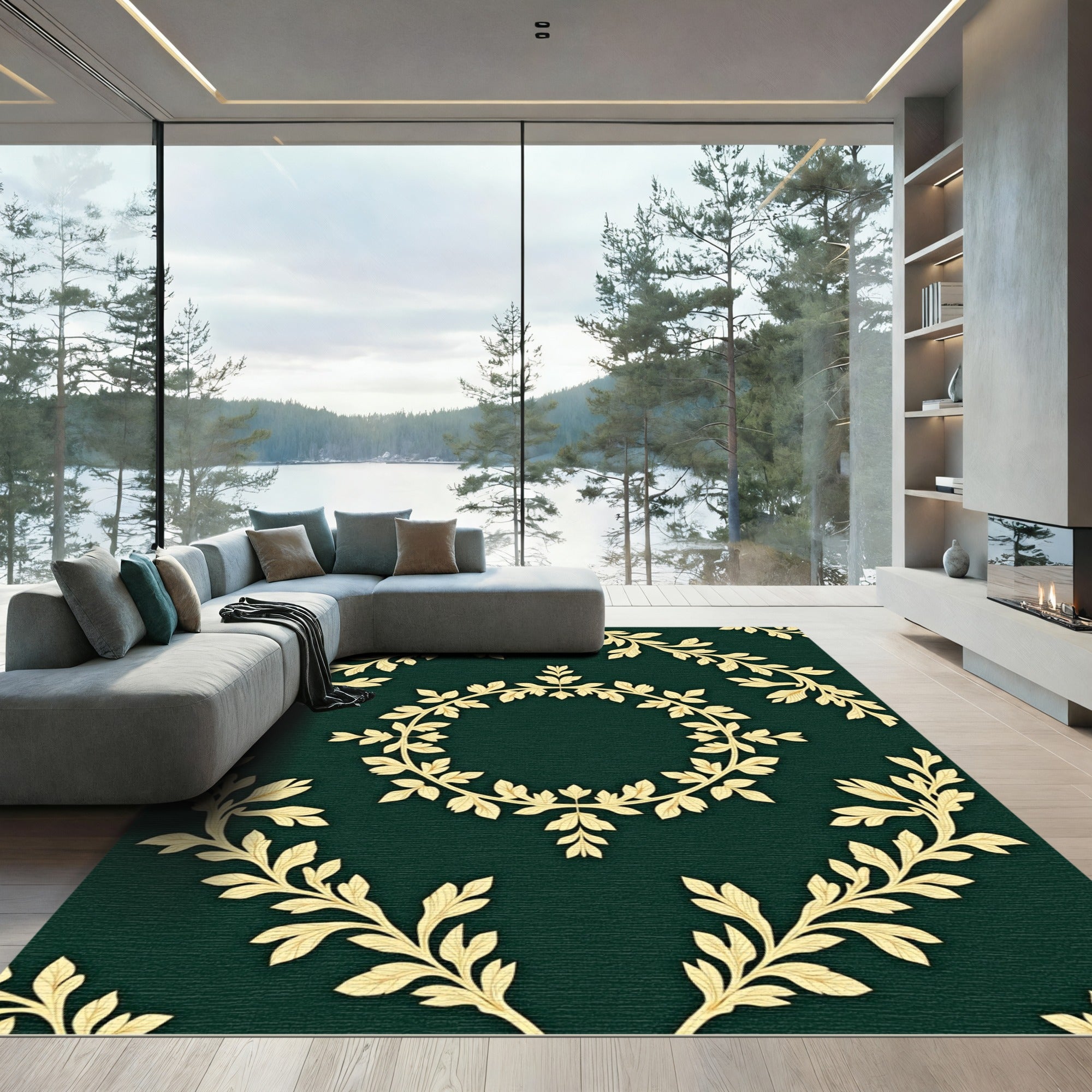 Golden Laurel Wreath Leafy Damask Rug