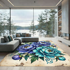Vintage Blue Peony Botanical Illustration Rug