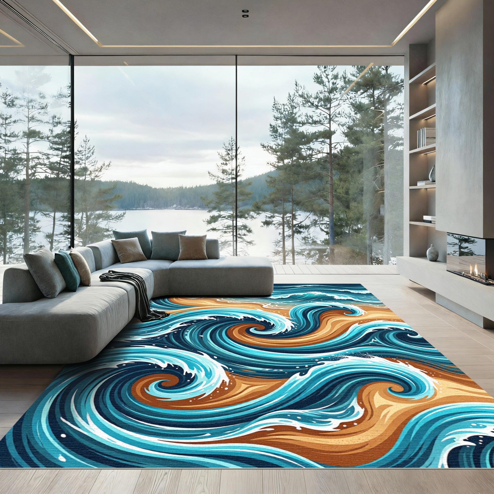 Swirling Ocean Waves Azure Golden Sand Rug