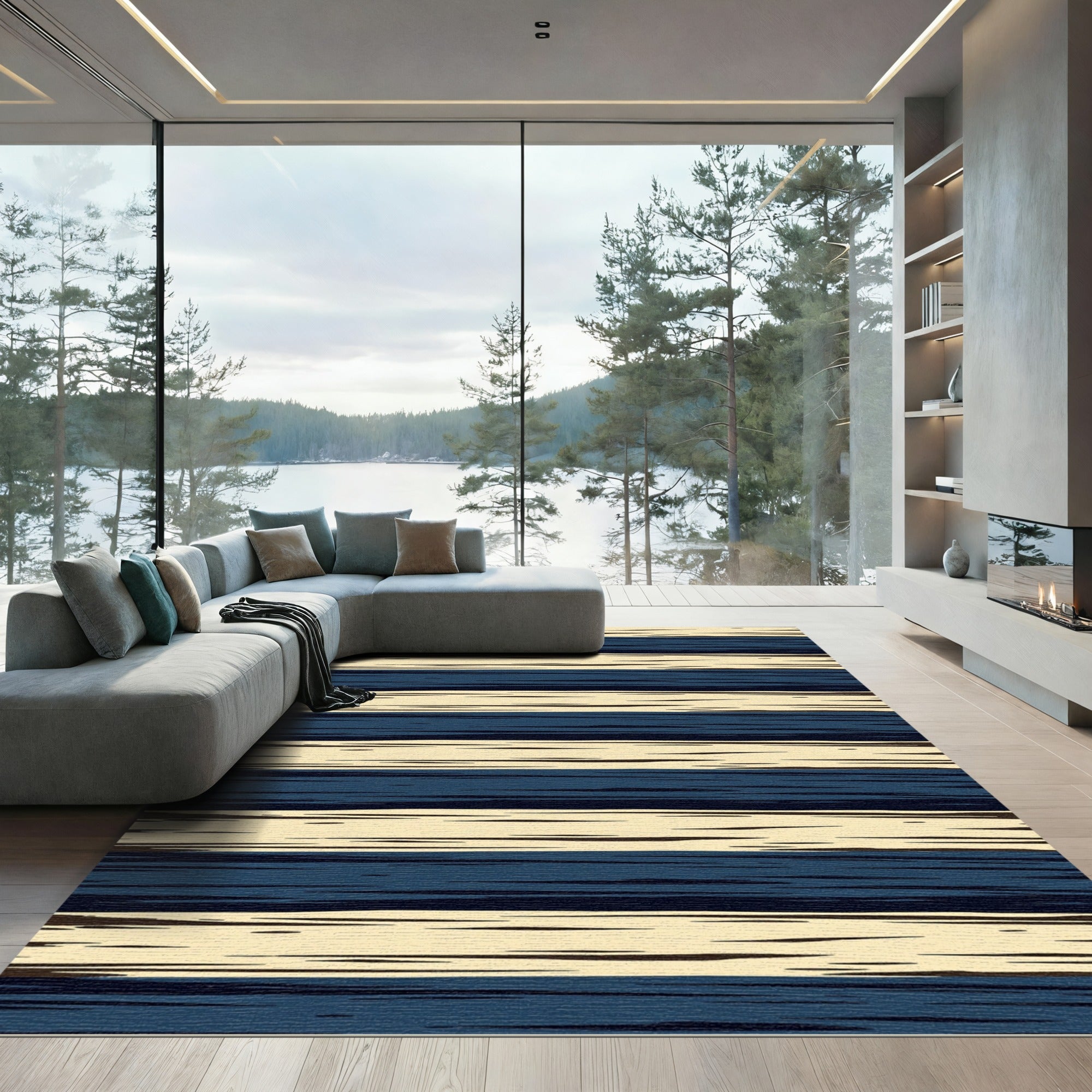 Navy and Cream Distressed Horizontal Stripe Rug