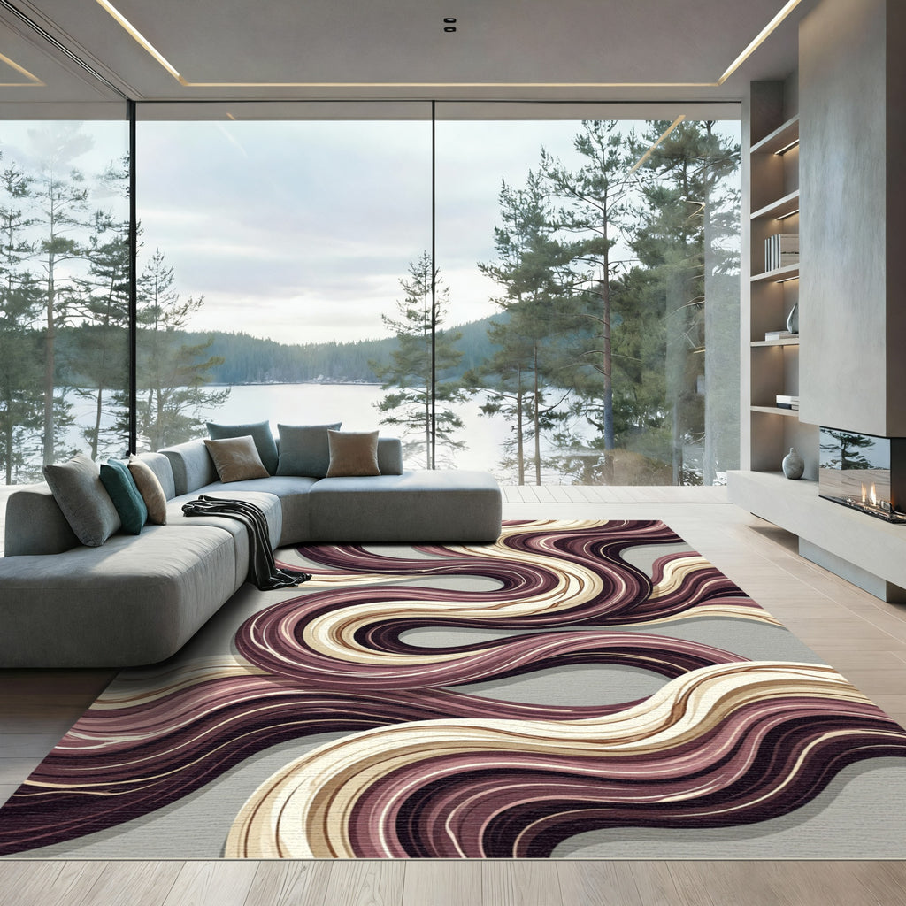 Abstract Wavy Plum and Cream Swirls Rug