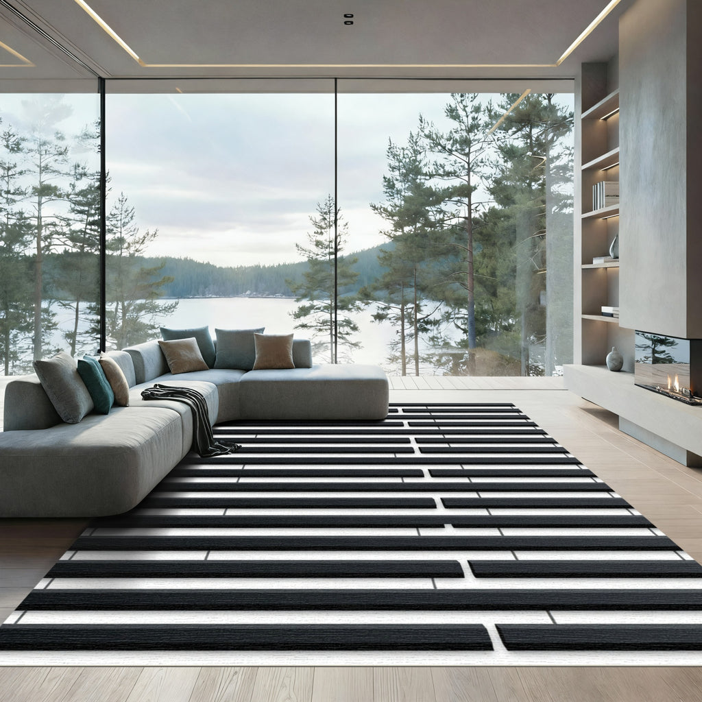 Minimalist Black and White Horizontal Lines Rug