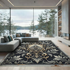 Ornate Charcoal Gray Baroque Scrollwork Rug