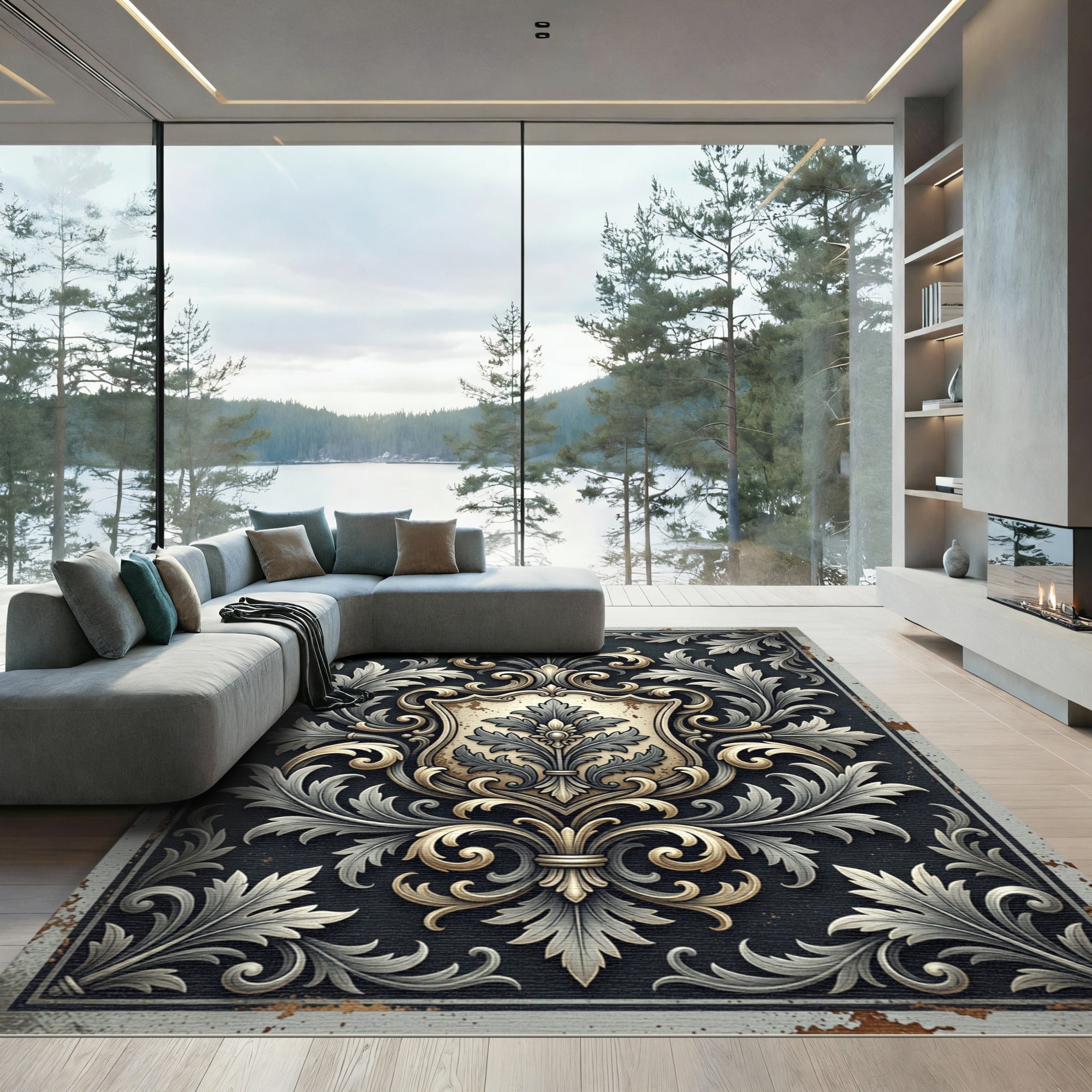 Ornate Charcoal Gray Baroque Scrollwork Rug