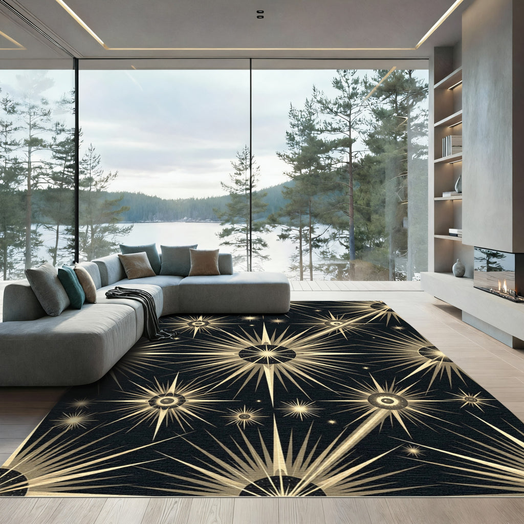 Golden Starburst Cosmic Rays Rug