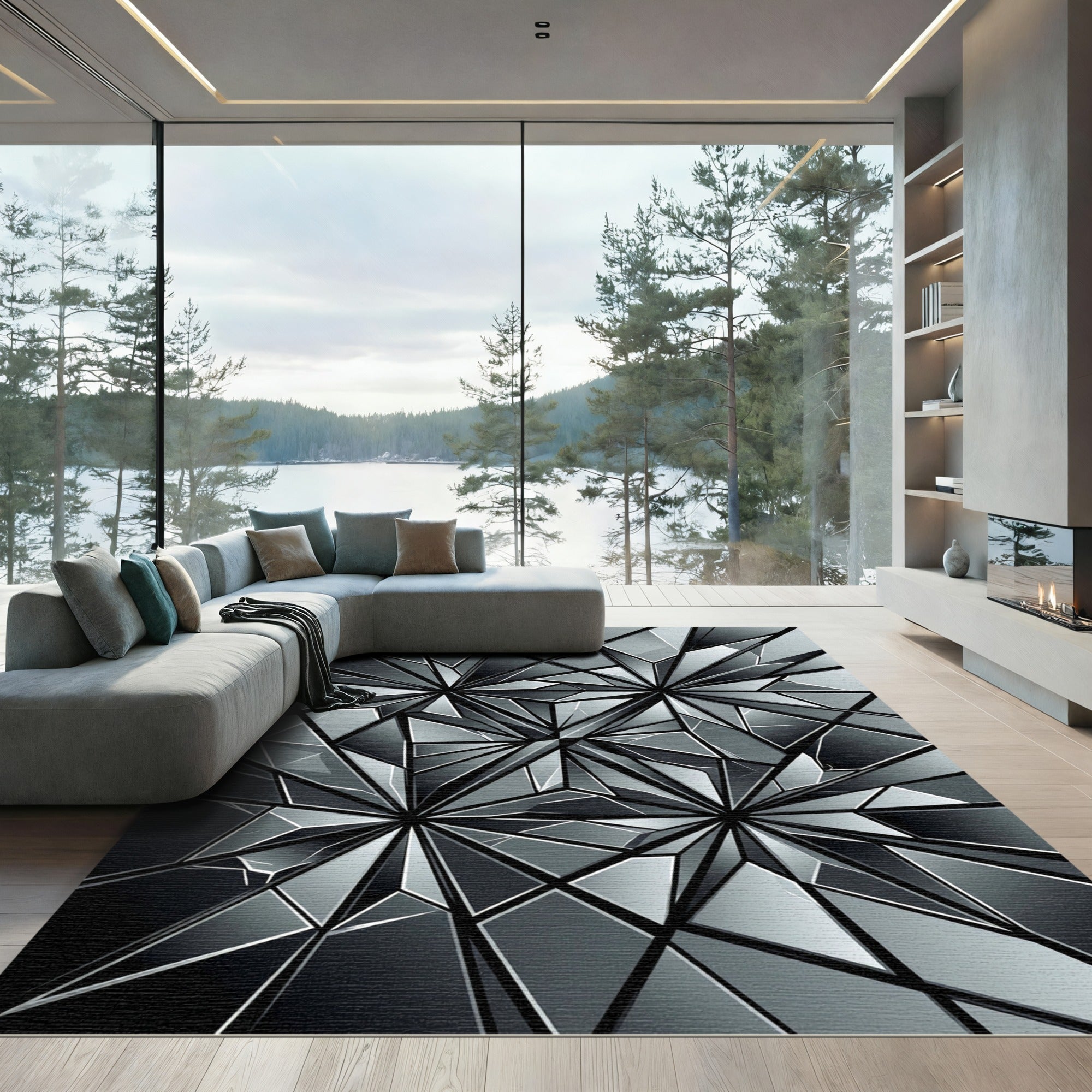 Monochrome Geometric Abstract Faceted Crystal Rug