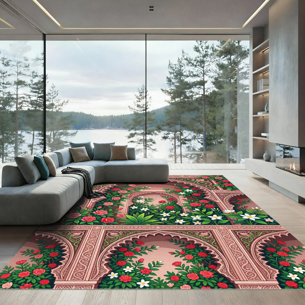 Pink Rose Arch Garden Scene Rug