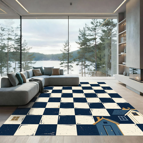 Blue and Cream Whimsical House Checkered Rug