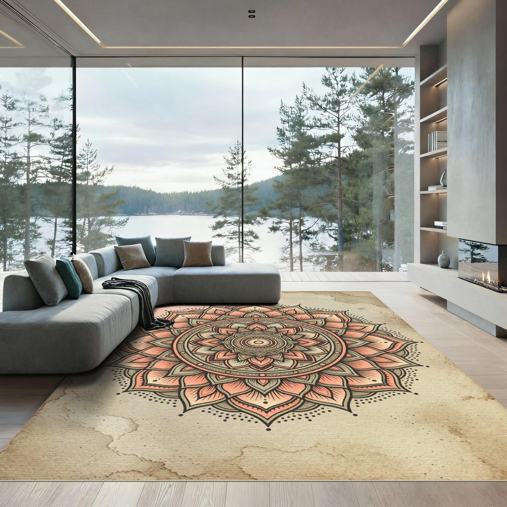 Coral Orange Floral Mandala Rug