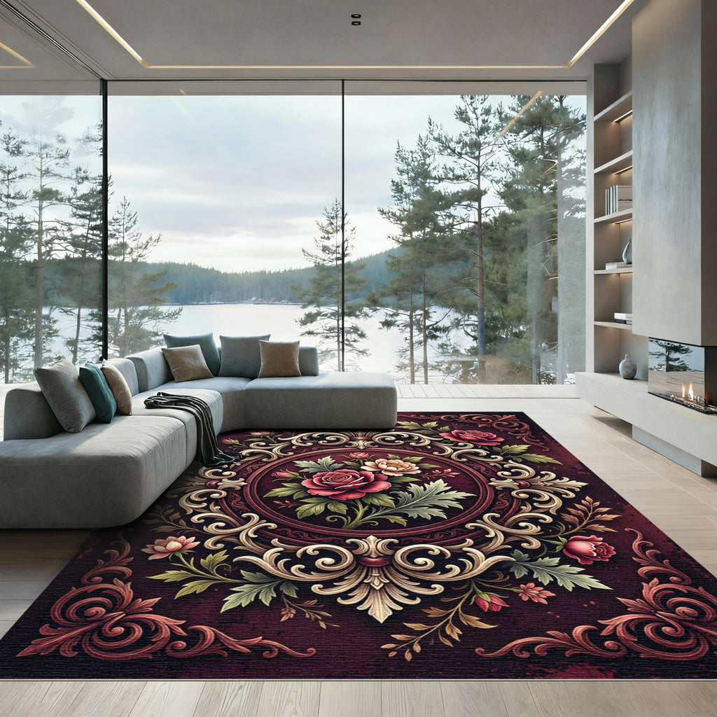 Ornate Crimson Rose Filigree Medallion Rug