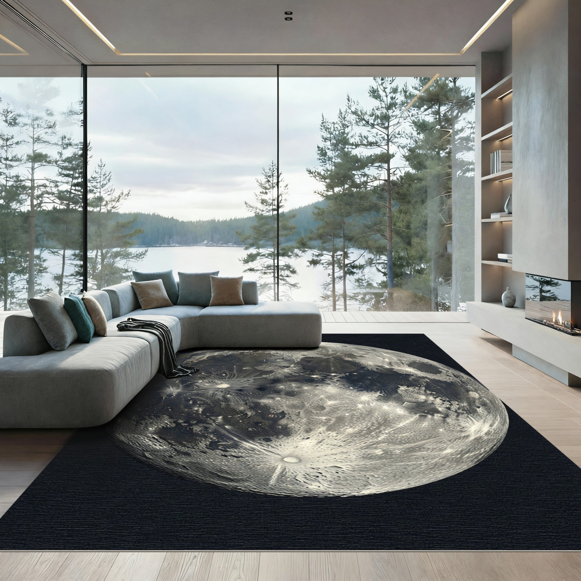 Celestial Gray Lunar Crater Full Moon Rug