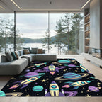 Playful Outer Space Galaxy Rocket Rug