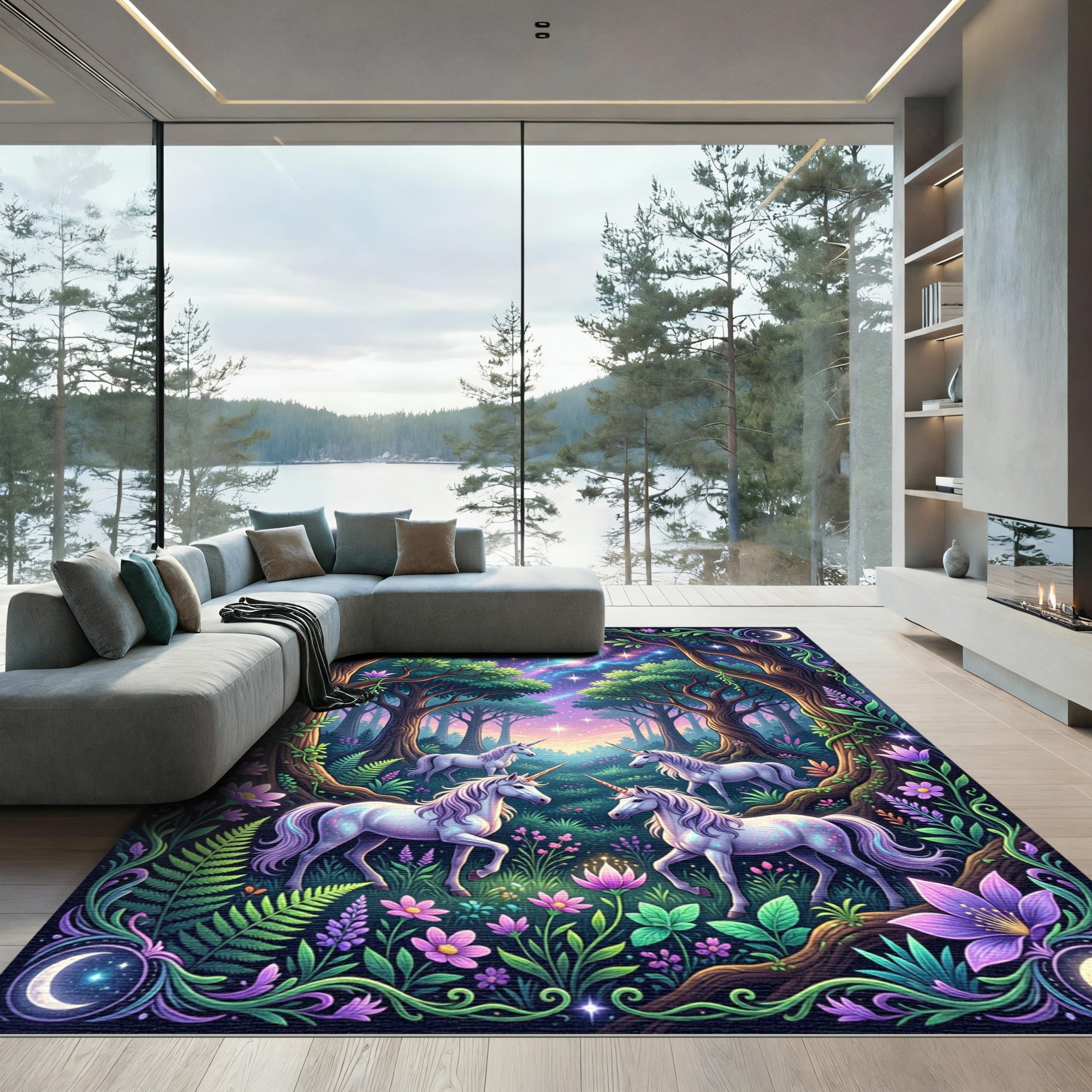Enchanted Unicorns in Cosmic Forest Glow Rug