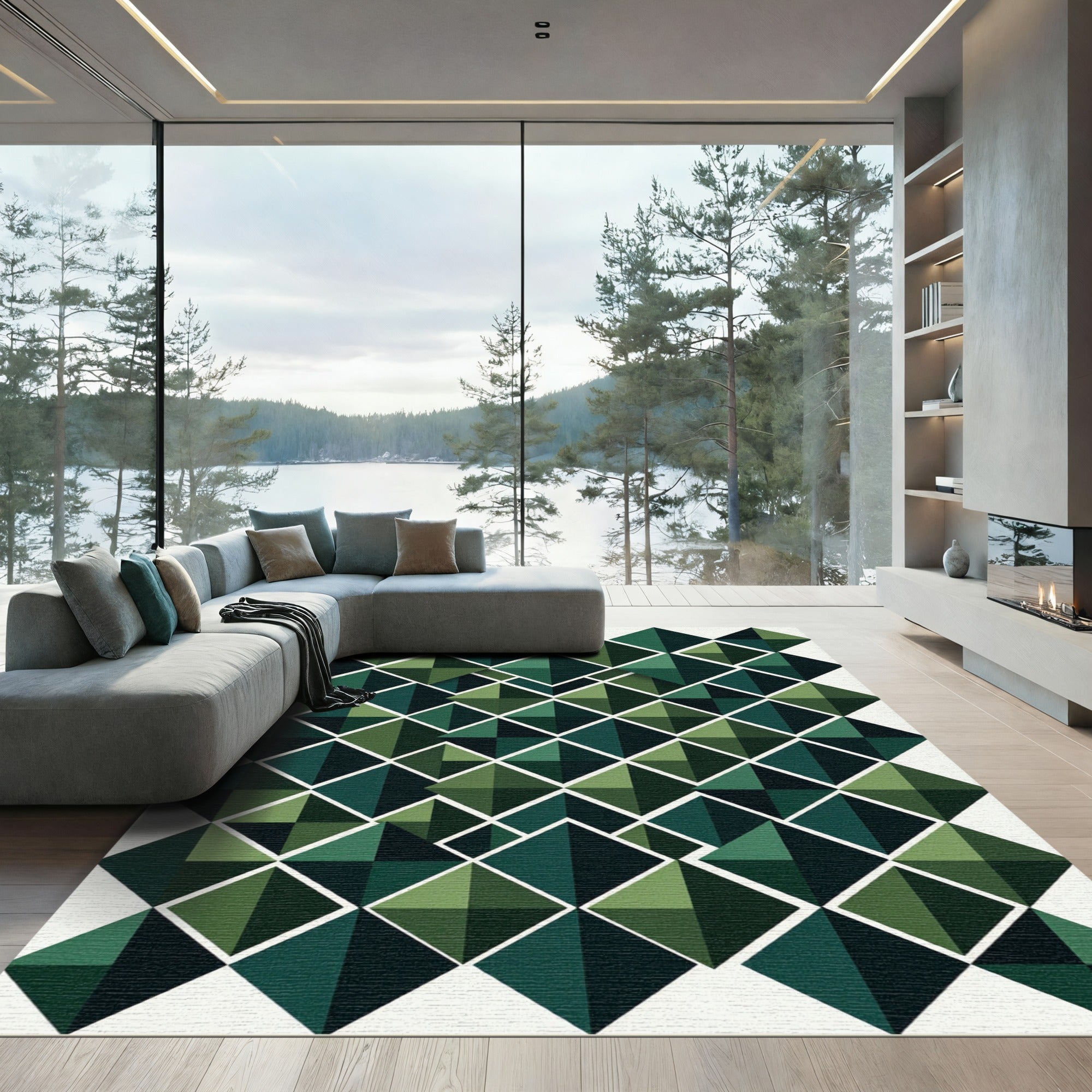 Modern Emerald Green Geometric Diamond Rug
