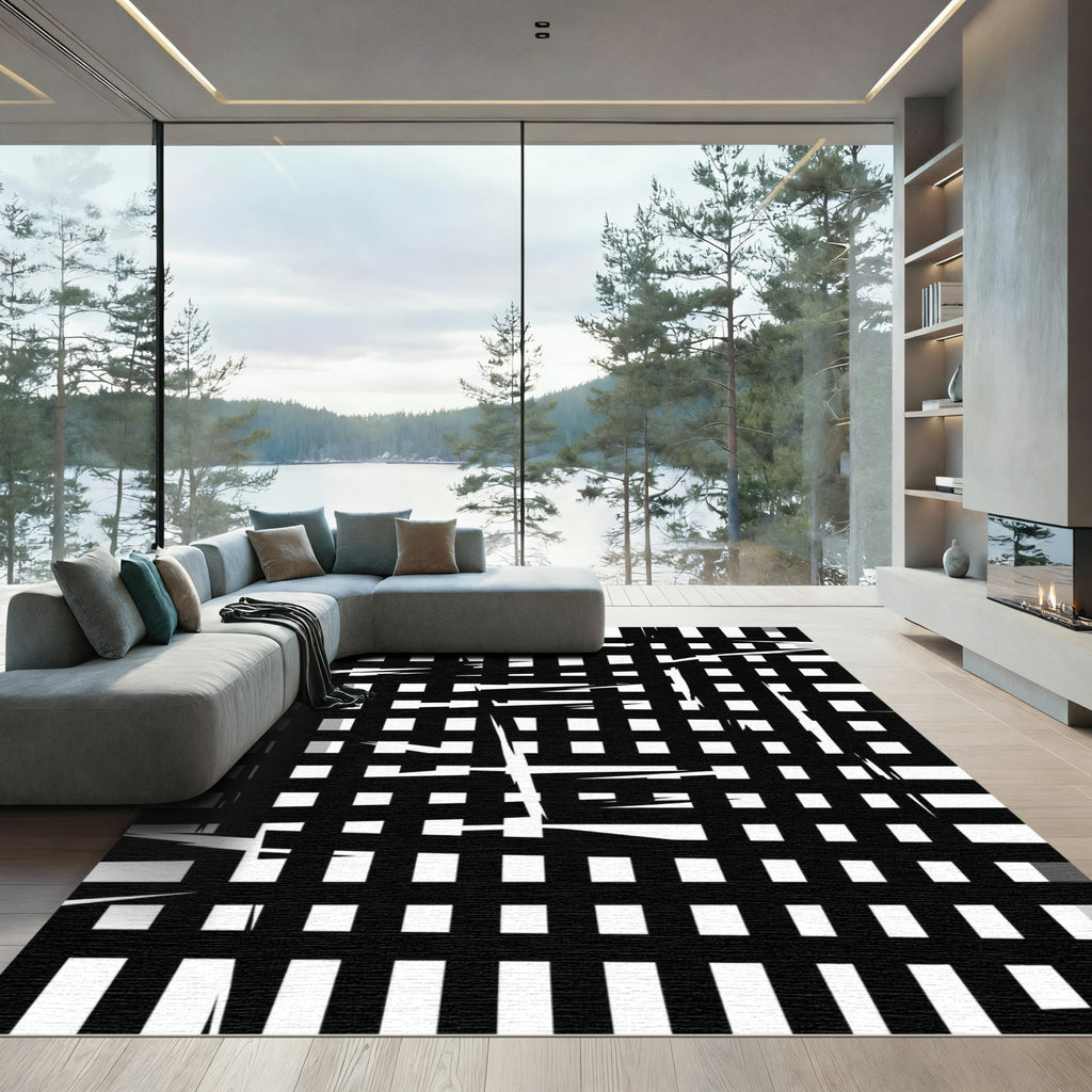 Monochrome Jagged Grid Composition Rug
