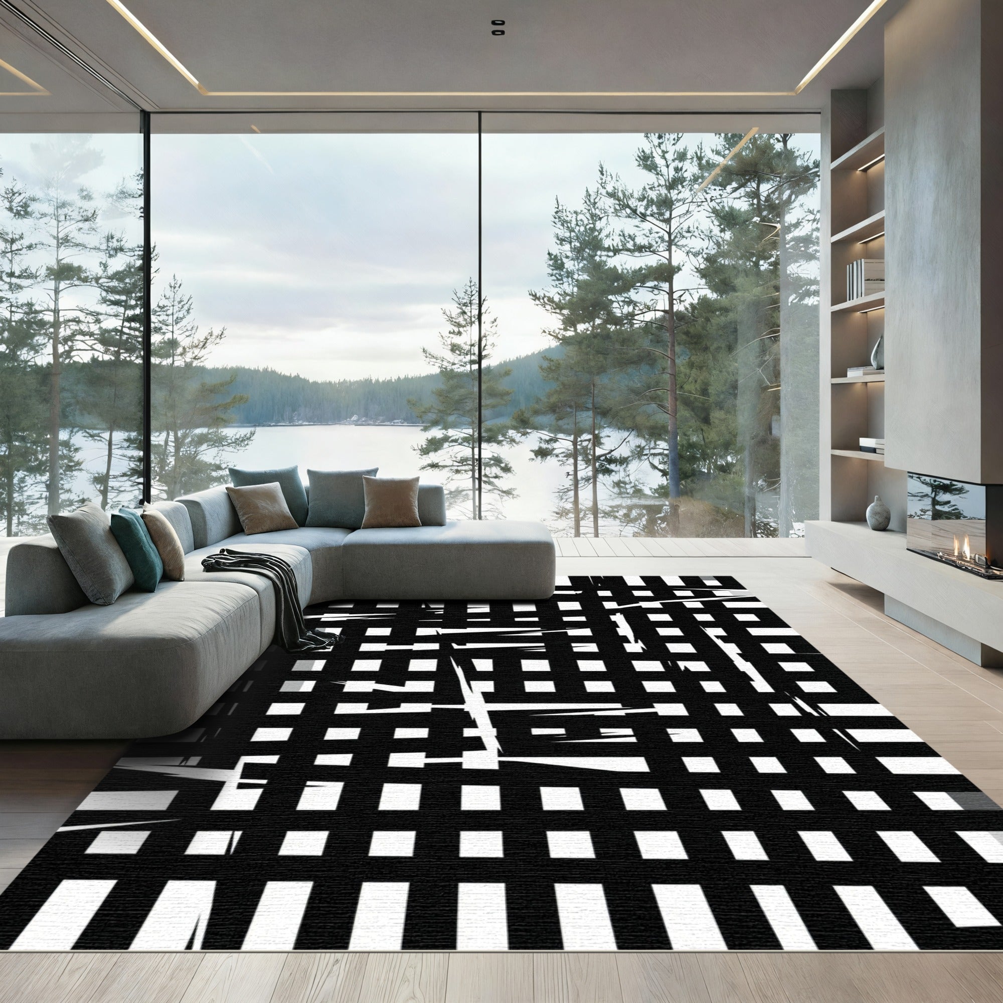 Monochrome Jagged Grid Composition Rug