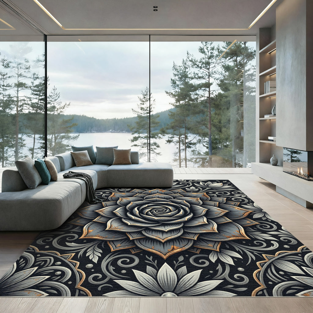 Elegant Gray Lotus Floral Medallion Rug