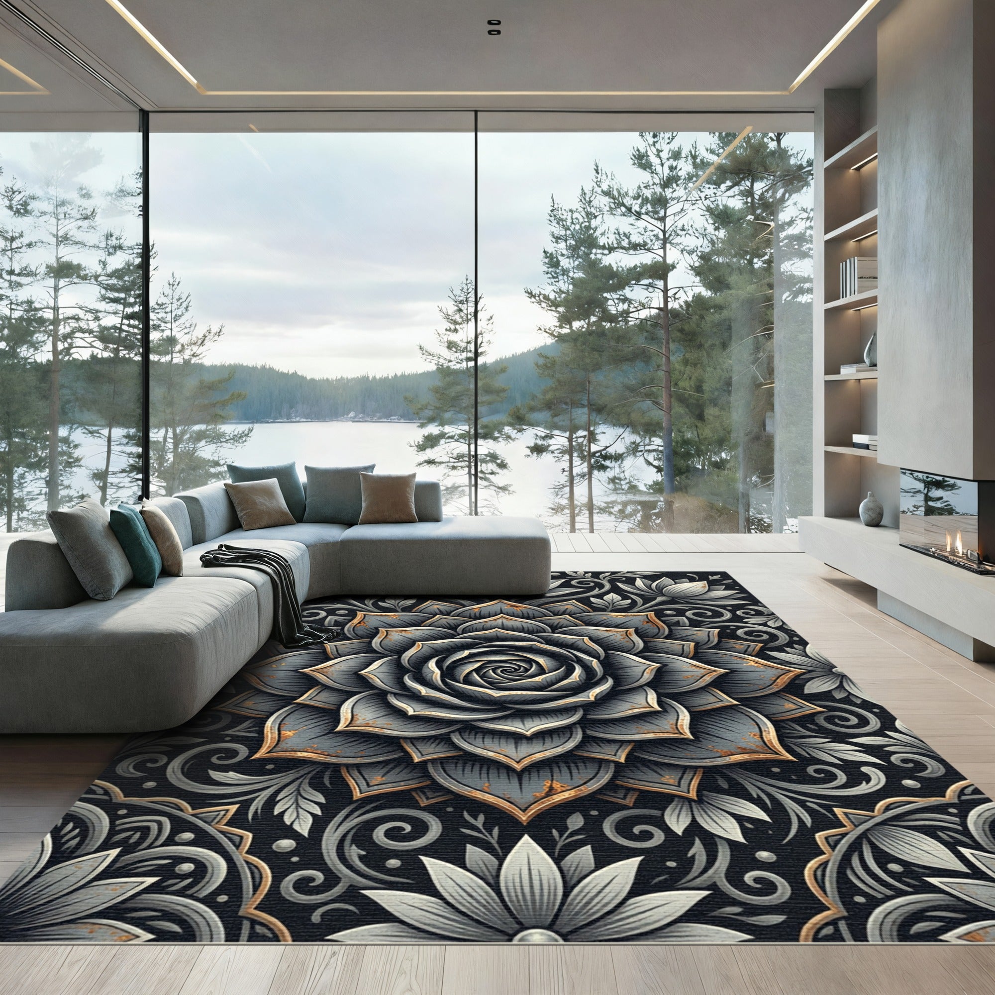 Elegant Gray Lotus Floral Medallion Rug