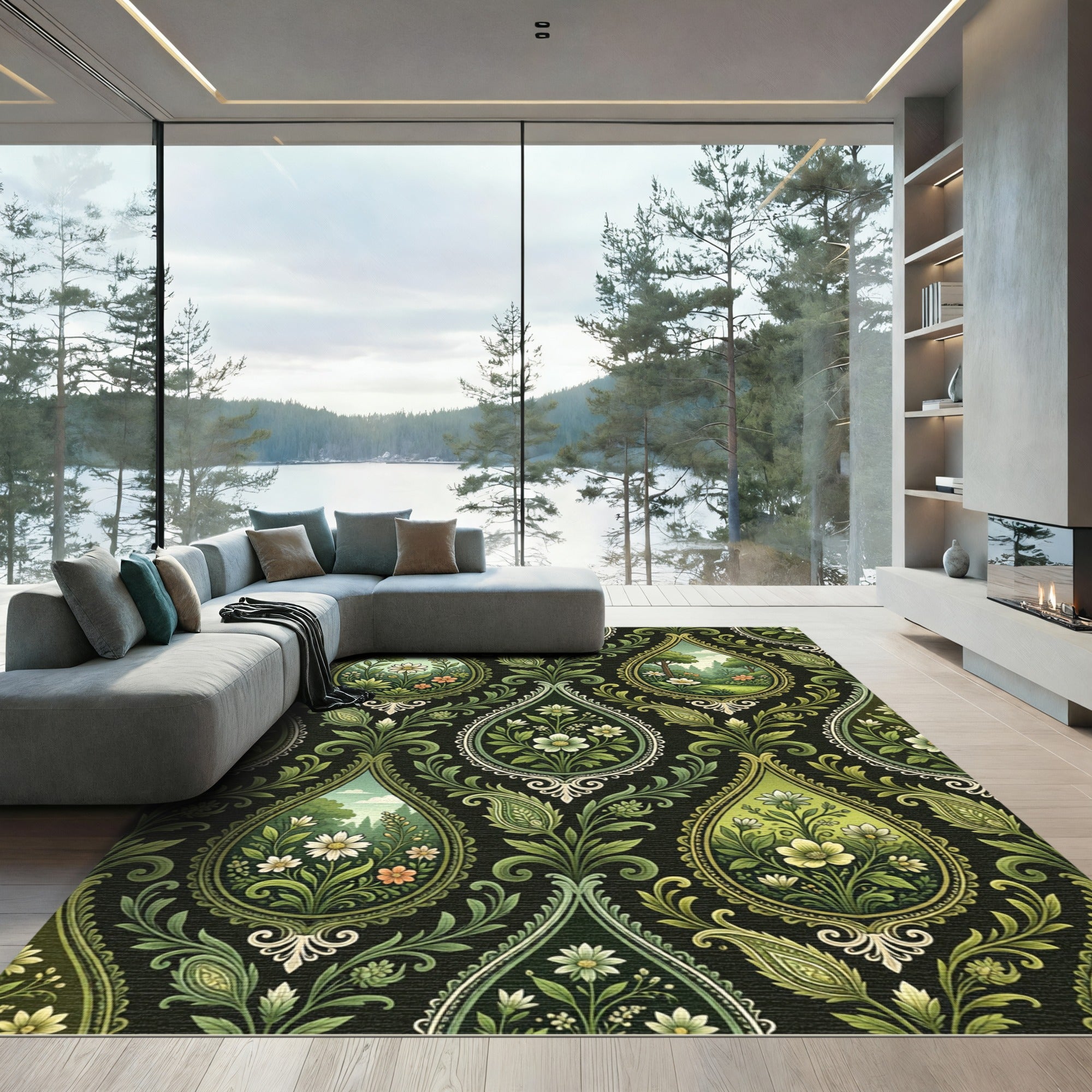 Emerald Green Floral Landscape Medallions Rug