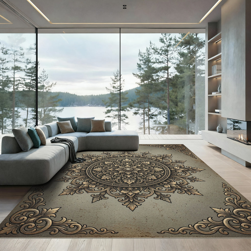 Intricate Bronze Filigree Floral Medallion Rug