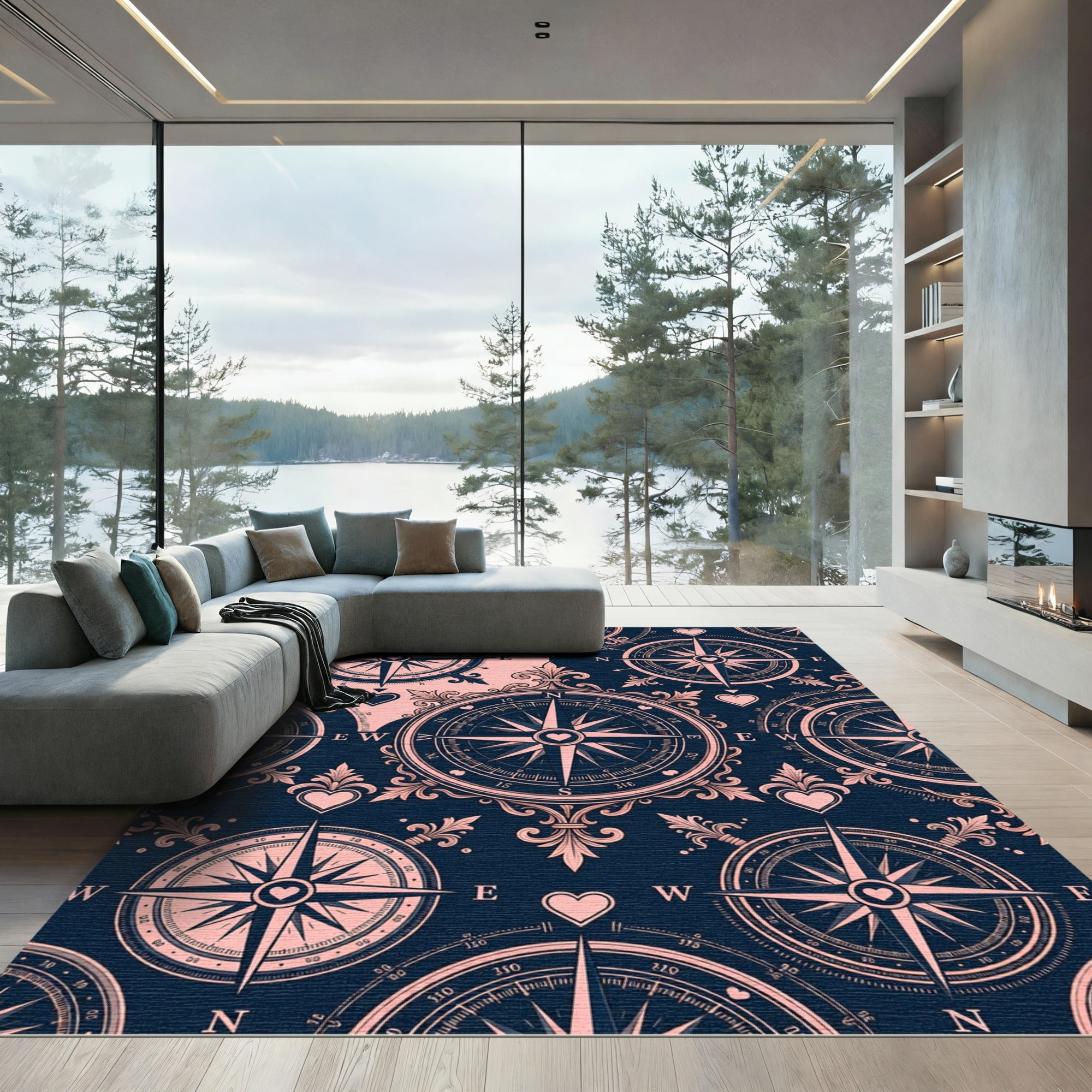 Dark Blue Pink Compass Rose Rug