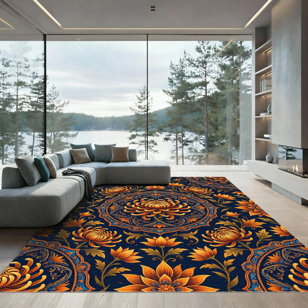 Orange Chrysanthemum Medallion Navy Rug