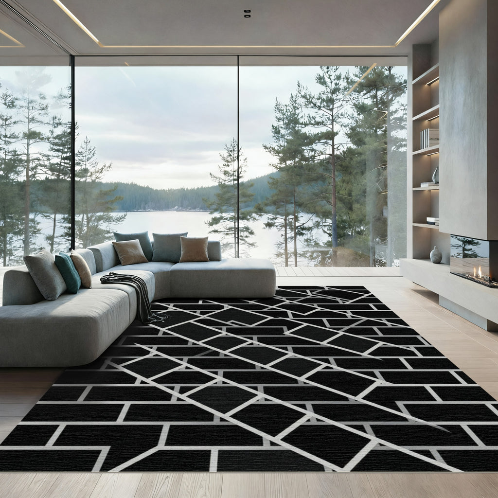 Black White Geometric Overlap Rectangles Rug