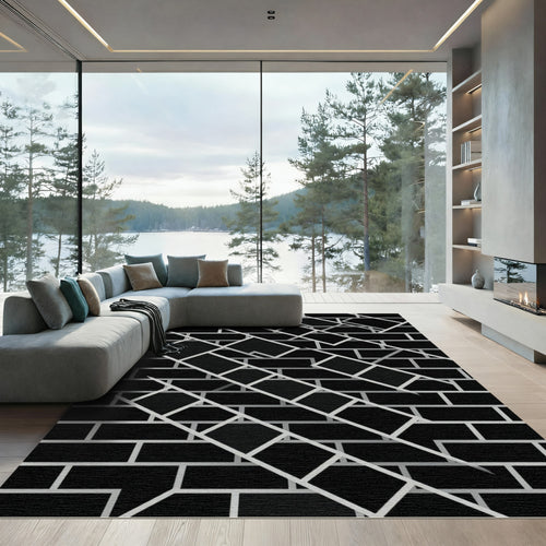 Black White Geometric Overlap Rectangles Rug