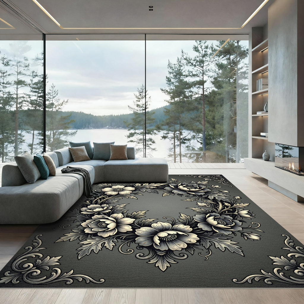 Ornate Black And White Floral Wreath Rug