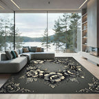 Ornate Black And White Floral Wreath Rug