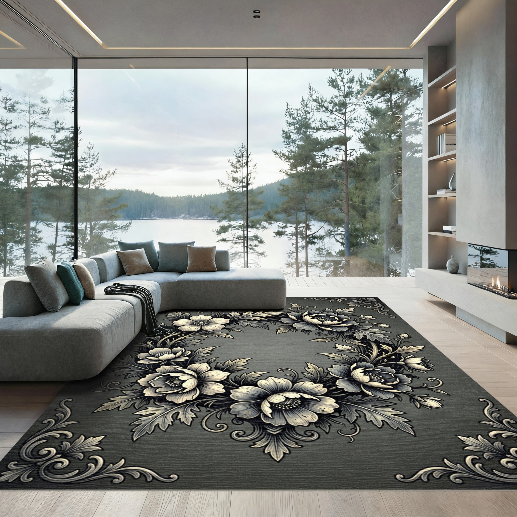 Ornate Black And White Floral Wreath Rug