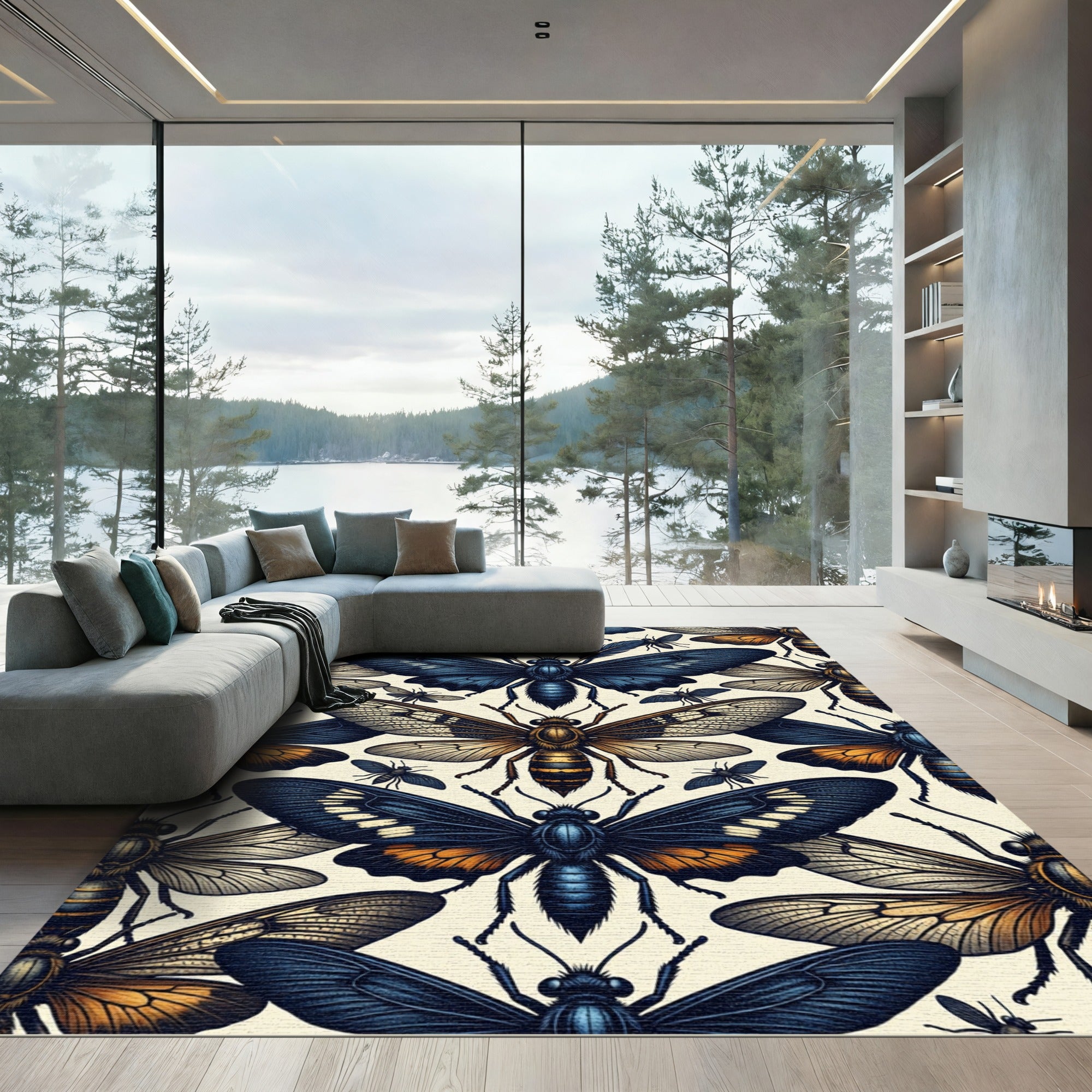 Dark Blue Golden Winged Insect Mosaic Rug