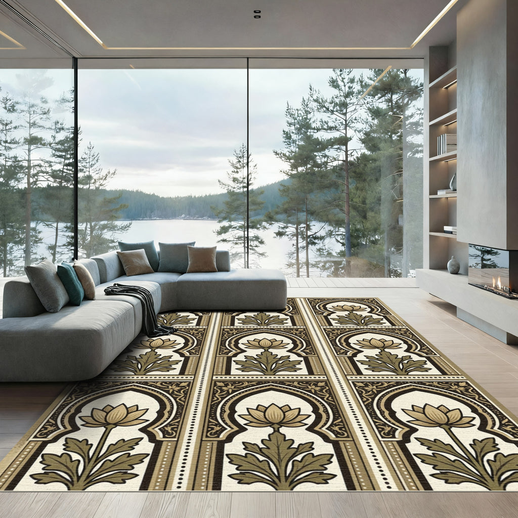 Golden Lotus Floral Arch Wall Art Rug