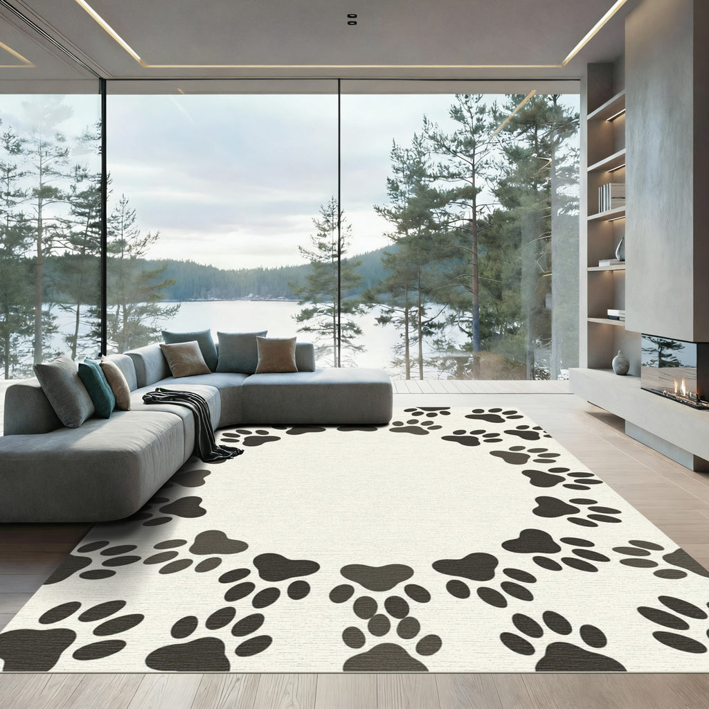 Minimalist Cream Paw Print Border Rug