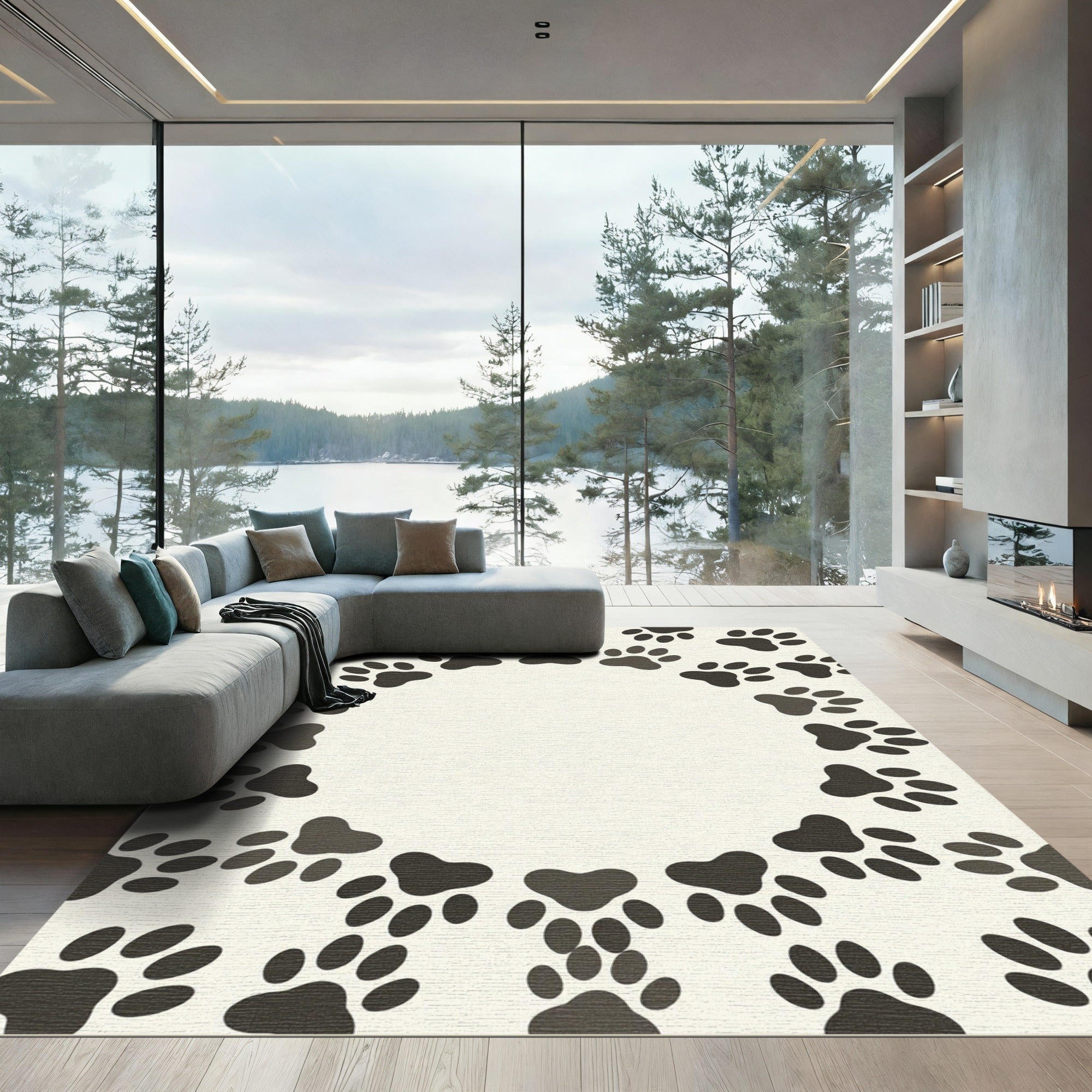 Minimalist Cream Paw Print Border Rug