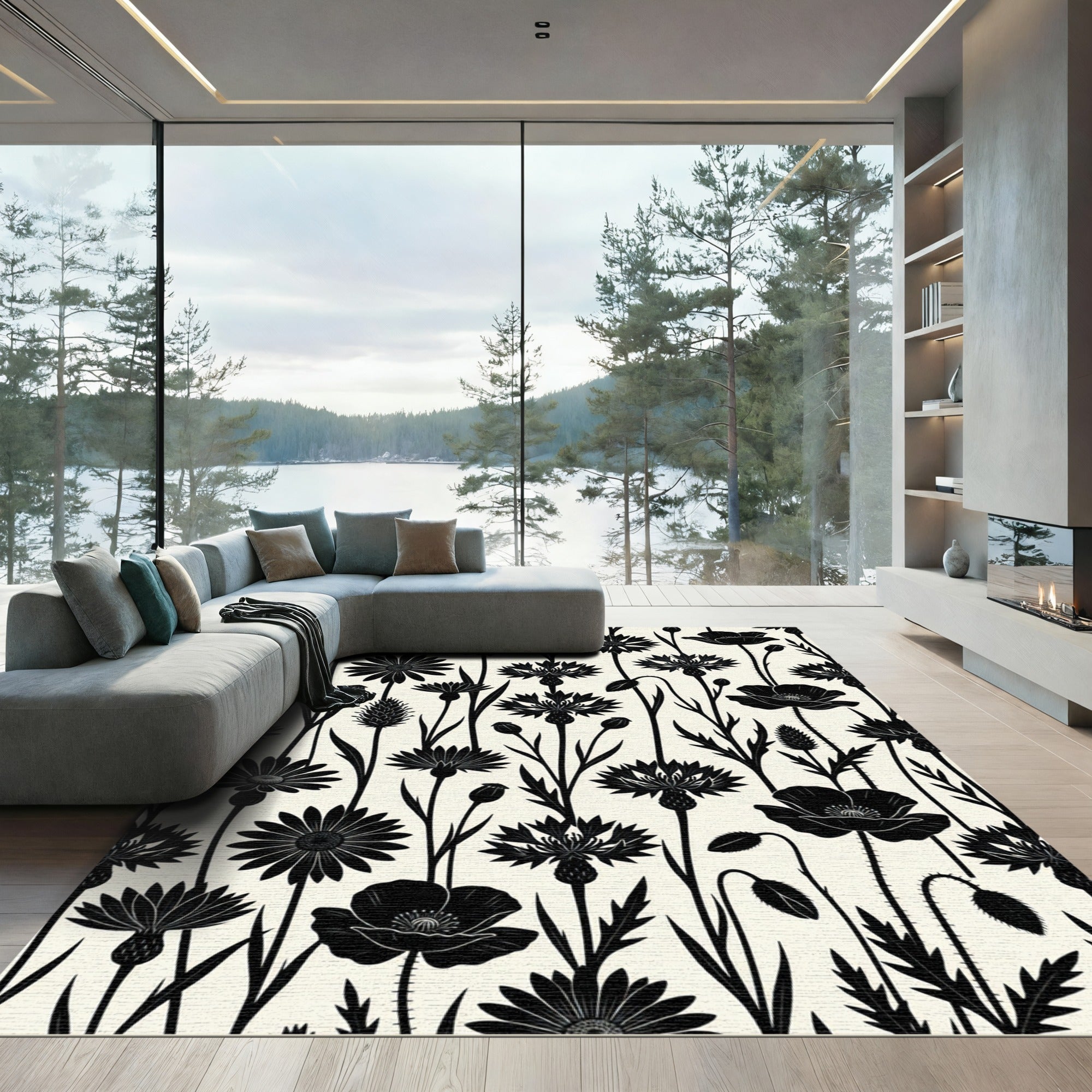 Monochrome Floral Meadow Silhouette Rug