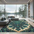 Earthy Teal Floral Damask Medallion Rug